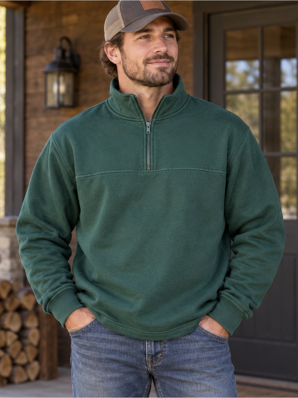 Berne Men’s Large Green Heavyweight Lined Quarter Zip Workwear Pullover